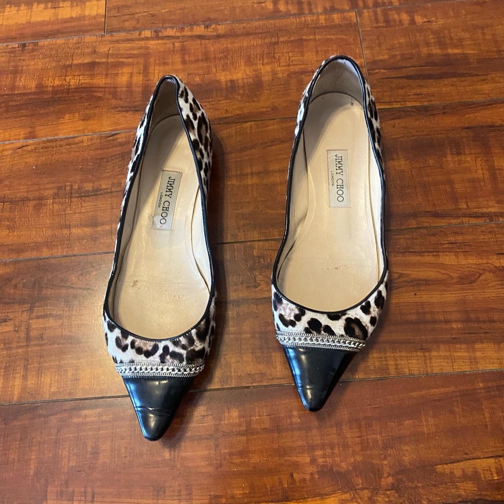 Jimmy Choo Black and White Leopard Print Flats